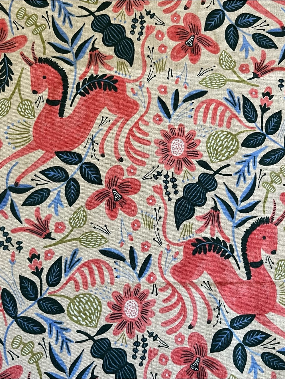 Rifle Paper Co. Folk Horse Coral Fabric Cotton + Steel Linen Les Fleurs 1+ Yard